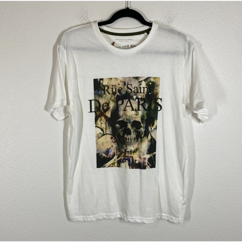 Denim & Flower Shirt Mens Large White Rue Saint De Paris Skull Graphic Tee New